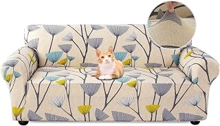 Jaotto Sofabezug 2 Sitzer Elastischer Stretch Spandex Sofa Überwürfe Sofahusse Antirutsch Waschbar Sofaschoner Couchbezug für Sofa mit Armlehne,Beige Blätter