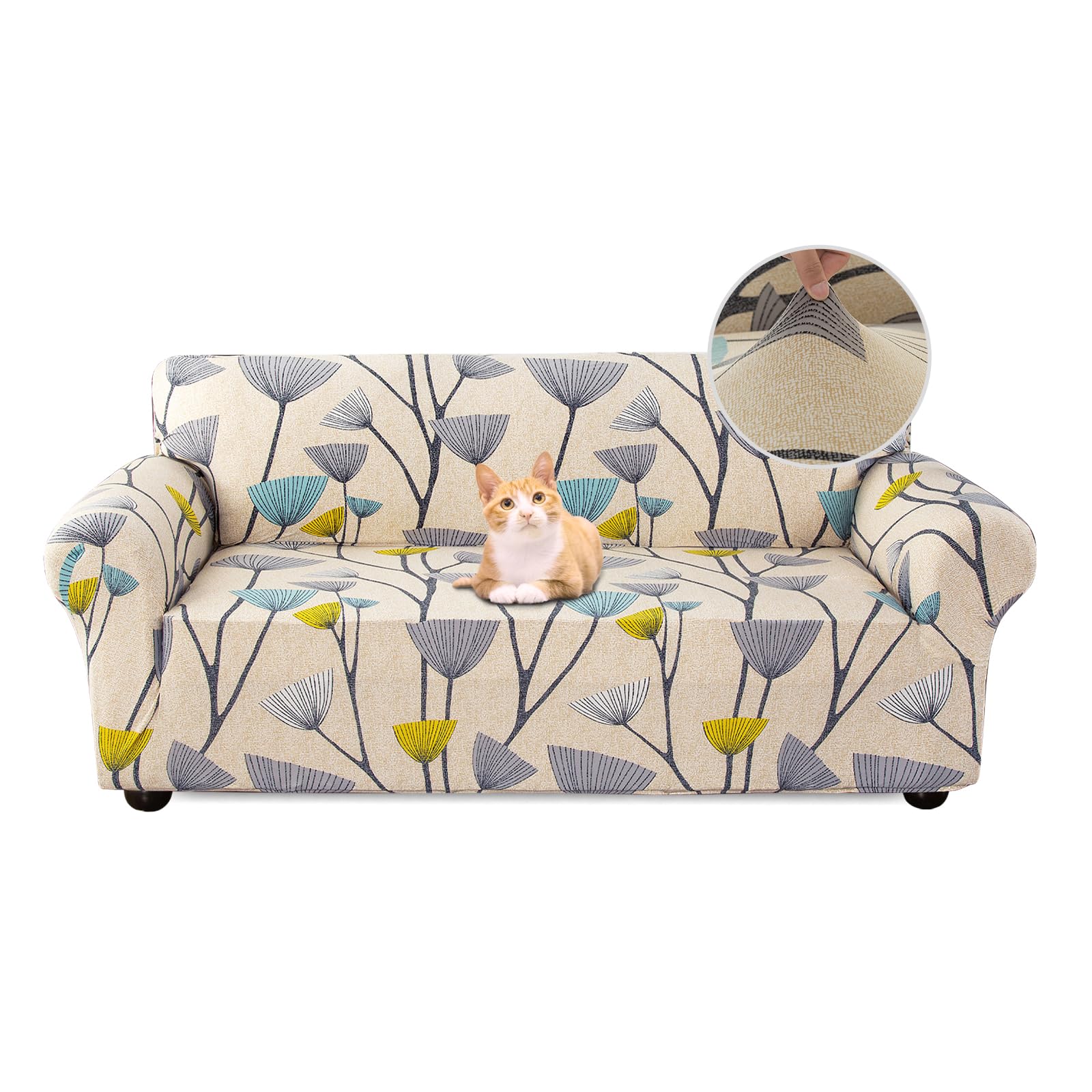 Jaotto Copridivano 2 Posti Elasticizzato, Fodera per Divano Elasticizzato Fantasia Antiscivolo Antimacchia, Copridivano con Braccioli Tessuto Super Morbido Universale(Foglie Beige,2 Posti)