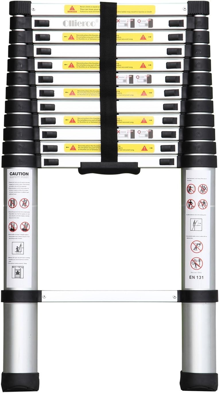Ollieroo EN131 Aluminum Telescopic Extension Ladder with Spring Loaded Locking Mechanism, Non-slip Ribbing, 330lb. Capacity, 12.5ft
