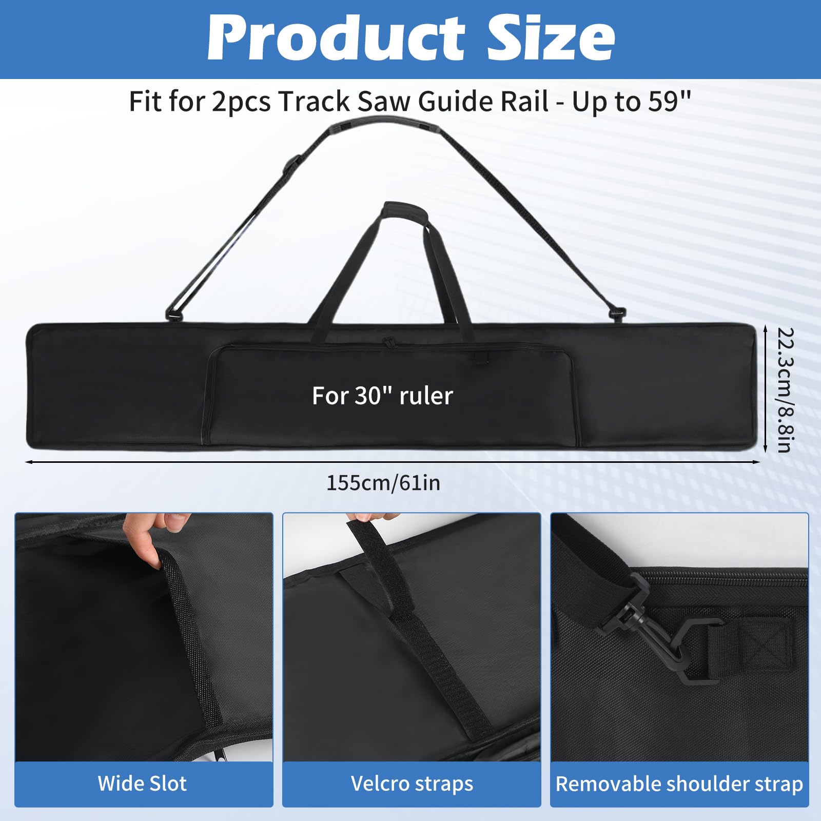 Sac professionnel pour rails de guidage, 155 cm, sac de rail de guidage pour jusqu'à 2 rails, sac à outils Oxford 1680D, compatible avec Bosch, Makita et Festool