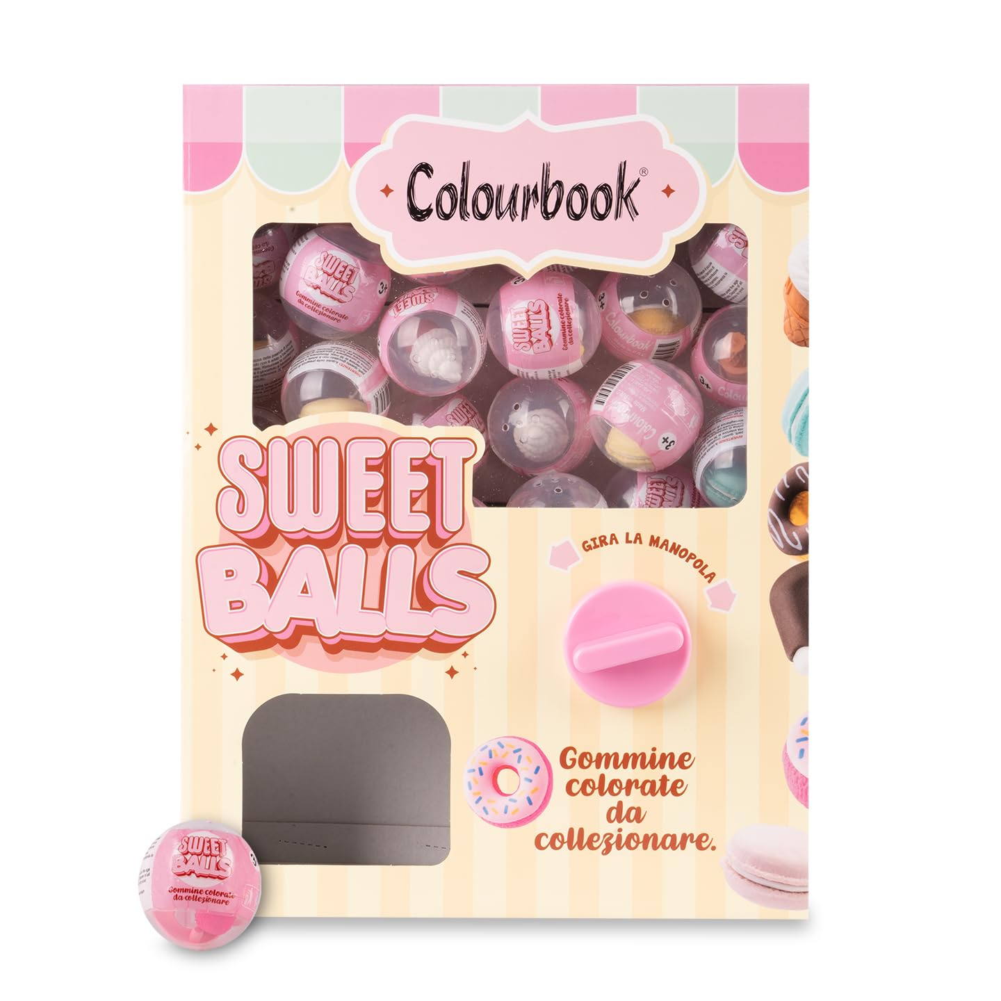 Colourbook Luna Park - Distributore Automatico Gomme da Cancellare, 40+40 Palline, Soggetti da Collezione, Sweet Balls