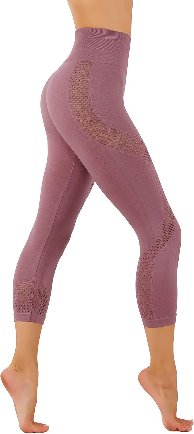 Yoga Dry-Fit Capri Leggings with Mesh Cut Outs High Waist Tummy Control Workout Pants