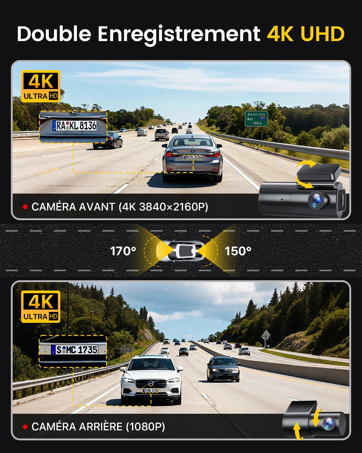 GKU 4K Dashcam Voiture Avant Arrière,5GHz WiFi Caméra Embarquée Voiture avec Carte SD 64G,Camera Voiture Grand Angle 170°,Vision Nocturne,WDR,G-Capteur,Mode Stationnement 24H,Enregistrement en Boucle