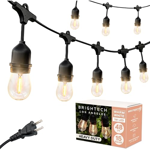 Brightech Ambience Pro LED String Lights - 48 Ft Commercial Grade Patio Lights Outdoor Waterproof - Heavy Duty Porch String Lights for Backyard, Christmas - Dimmable Vintage Edison 1W 15 Bulbs,