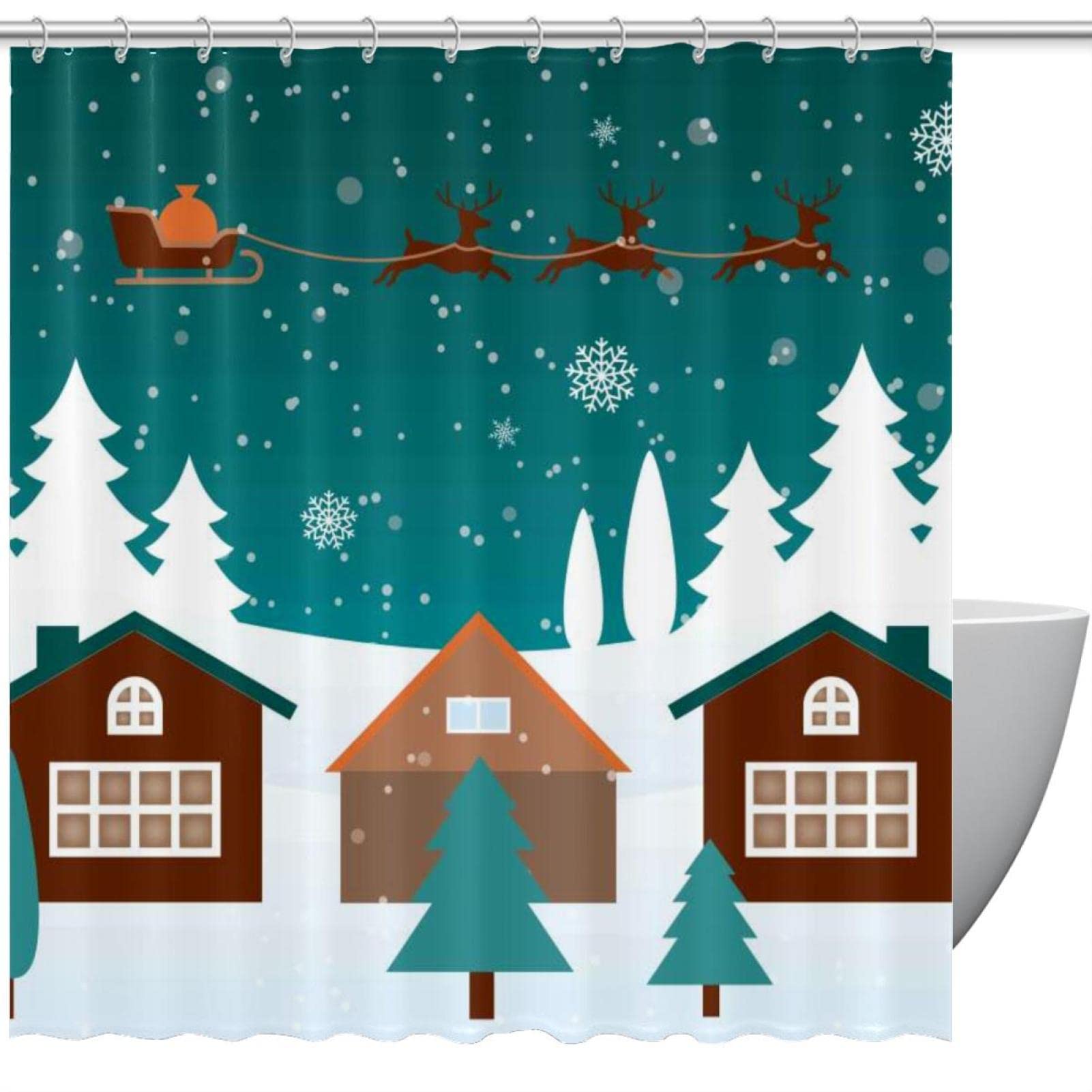 Rideau de douche de Noël 183x183 cm pour baignoire avec 12 crochets