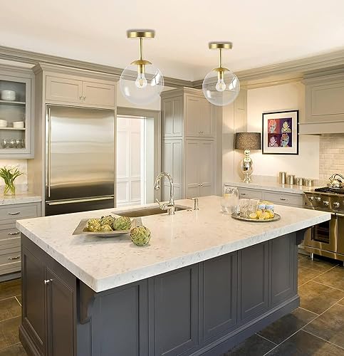 Miniatura 7 de Lámpara de techo semiempotrada dorada con acabado de latón con pantalla de vidrio transparente, iluminación de estilo moderno contemporáneo de