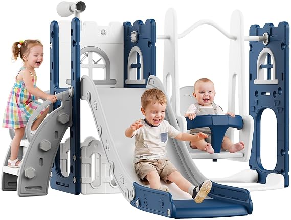 NELLCREEK Aire de Jeux Multifonction 7-en-1 avec Balançoire et Toboggan