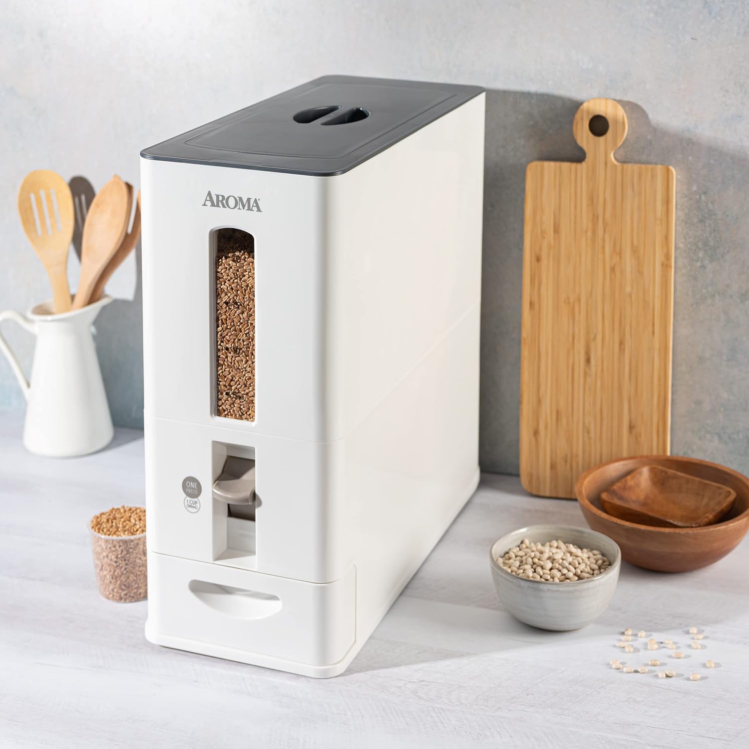 Aroma Housewares 27lbs Large Rice Dispenser, 7.25 x 16.5 x 16.5 inches, White