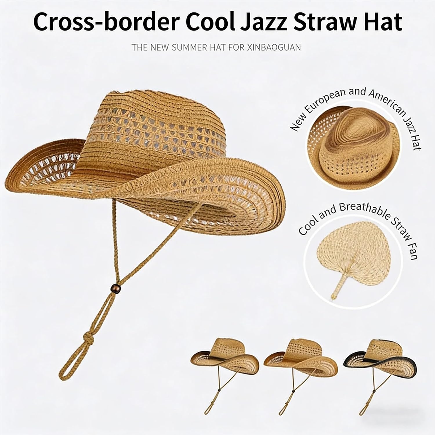 Men Women Straw Sun Hat Breathable Western Cowgirl Style Out Wide Brim Beach Cap Unisex 55-60cm
