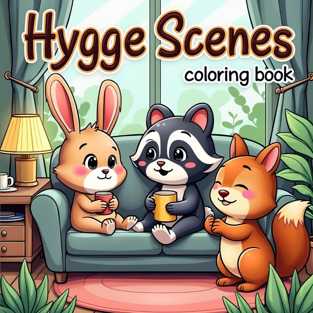 Hygge Scenes Coloring Book: Cute and Cozy Coloring Book for Adults & Teens Featuring 50 Comfy Designs With Adorable Animals Characters for Stress Relief and Relaxation