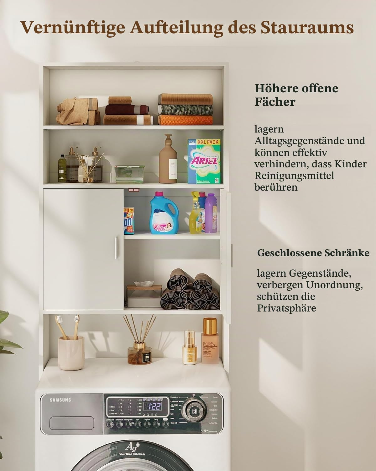 Waschmaschinenschrank Weiß 185x63x19.7cm, Waschmaschinenschrank mit Türen Badschrank Hochschrank mit 2 Türen & 2 Ebenen Waschmaschine Schrank Überbau Badezimmermöbel Mehrzweckschrank
