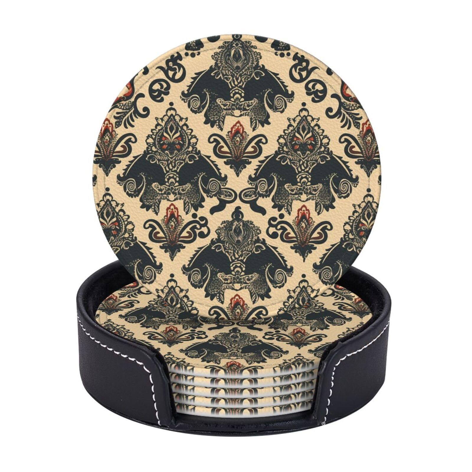 6Pcs PU Leather Coaster for Drinks, Asian Elephants Cup Coasters with Holder, Aesthetic Drink Coasters for Coffee Table, Round Coaster for Tabletop Protection 4" Cup Mat Pad