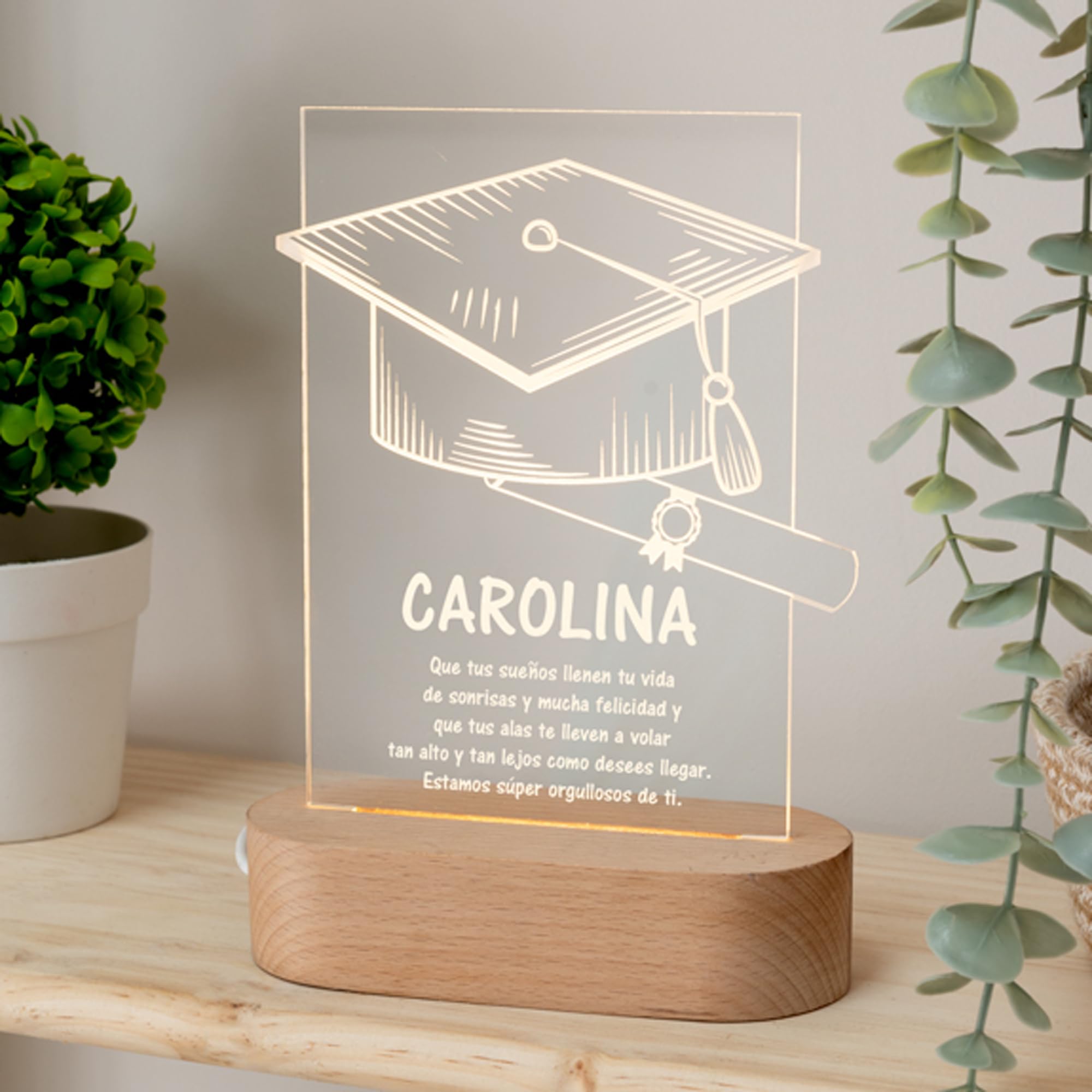 Lámpara de metacrilato con base de madera personalizada con diseño Graduación como Regalo Original para Graduaciones