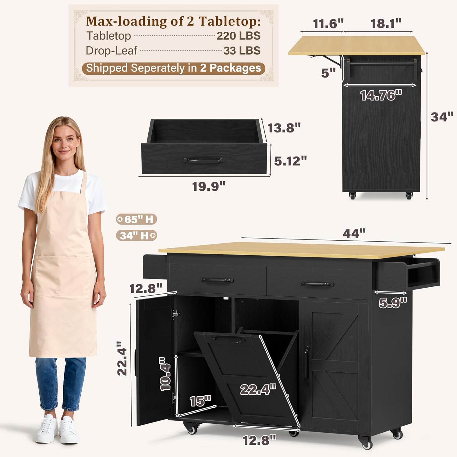 JUMMICO Rolling Kitchen Island with Drop Leaf, Mobile Cart on Wheels with Hidden Trash Can Cabinet and 2 Drawers, 56’’ Kitchen Storage Island with Spice Rack & Towel Rack for Dining Room, Black