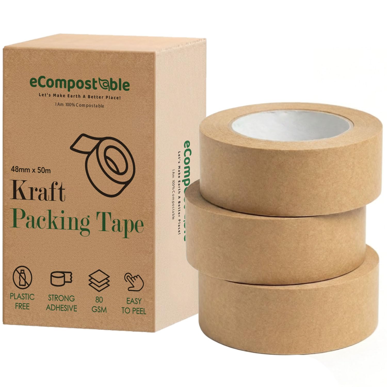 Brown Paper Tape for Packaging, Kraft Parcel Tape Eco Friendly, Strong Paper Packing Tape for Wrapping Parcels, Natural Brown Shipping Tape Roll 48mm x 50m Parcel Tape, Moving 3 Rolls