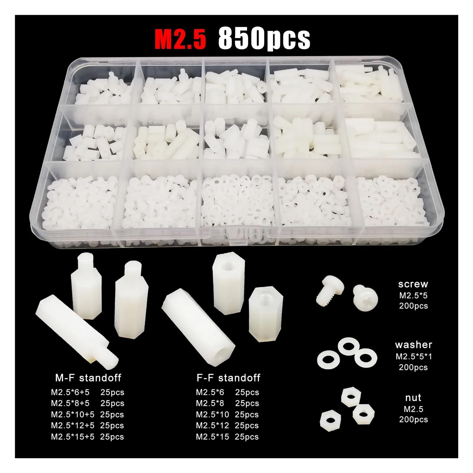 Weißes Sechskant-Abstandshalter-Set, M2,5 M3 M4