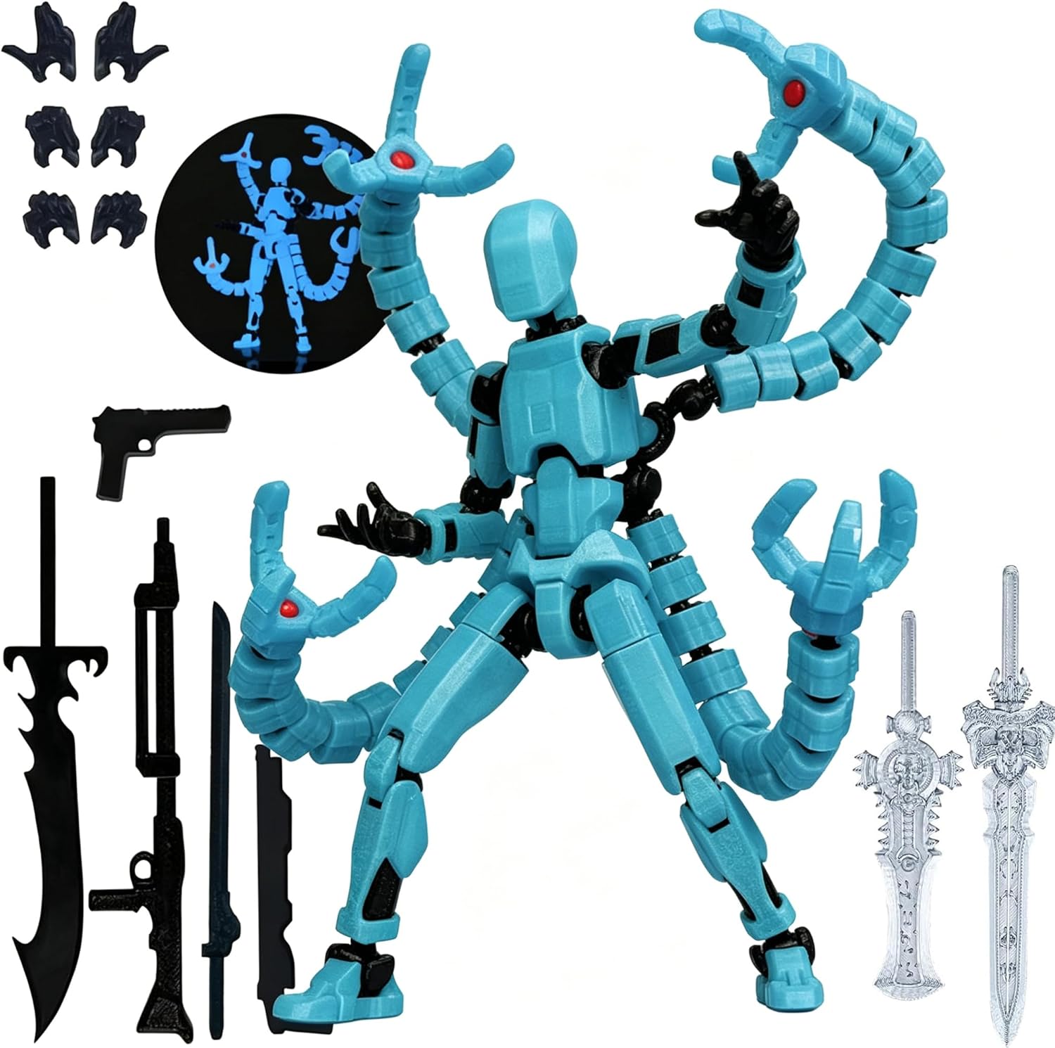 T-13 Action Figure, Assembly Completed Dummy 13 Action Figures,T 13 3D Printed Toys - The Premium Action Figures for Sci-Fi Enthusiasts,Four Claws Robot (Blue - Glows in The Dark, 5.2 Inch)