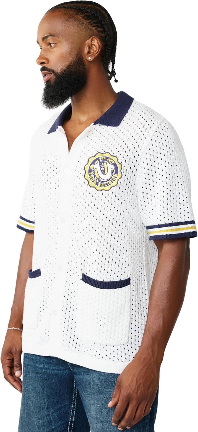 True Religion Men’s Horseshoe Knit Camp Collar Shirt – Breezy, Button-Up, Horseshoe Design