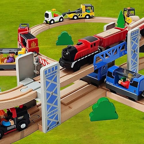 Miniatura 6 de Juego de accesorios de tren de madera, puente de elevación ferroviaria con pistas elevadas, juguete para pistas de madera para niños de 3, 4, 5