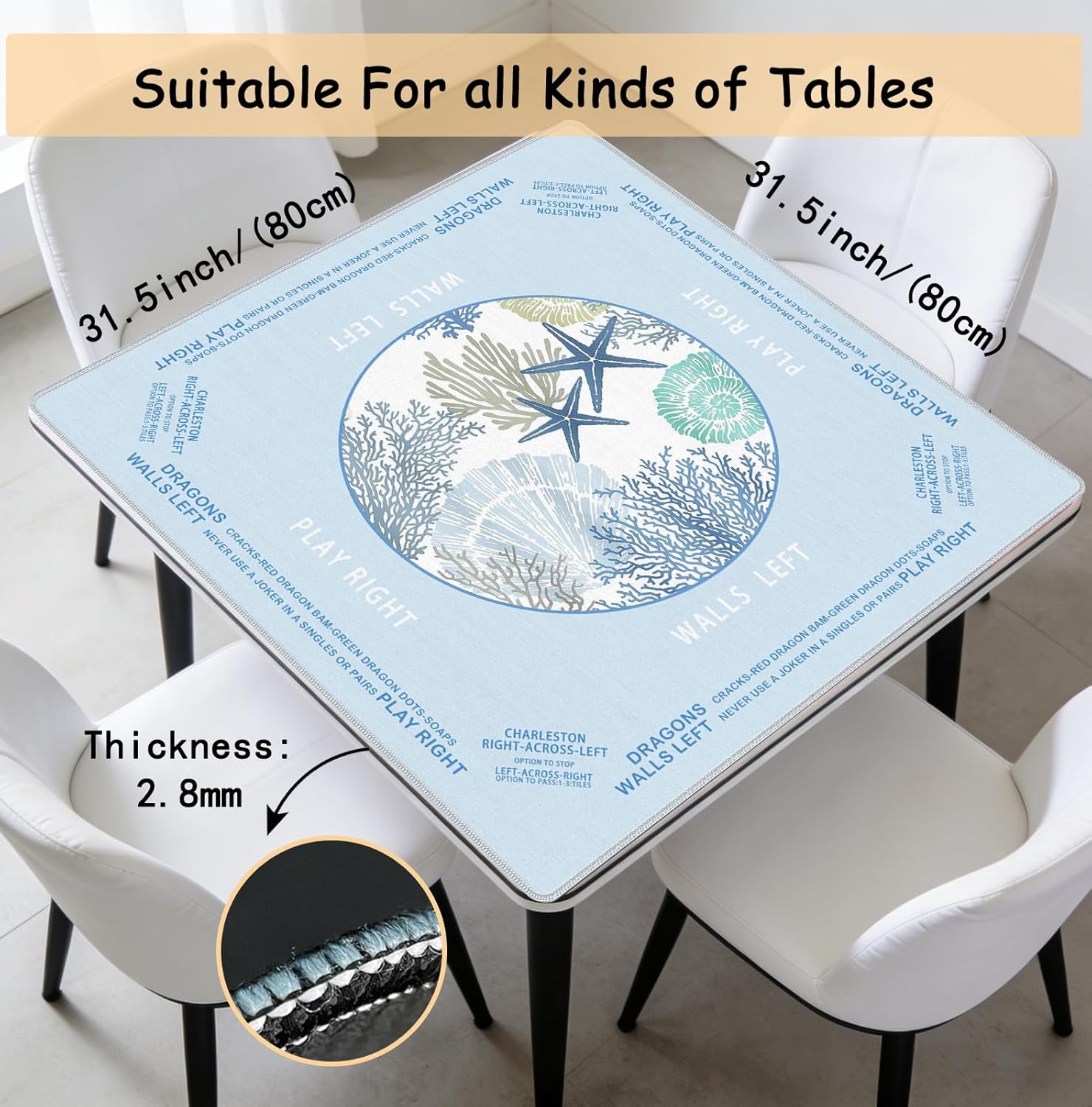 Blue Coastal Beach Mahjong Mat 31.5 x 31.5 Inch, Nautical Starfish Coral Non-Slip Noise Reduction Mahjong Table Mat for American Mah Jong Poker Card Board Games Dominoes