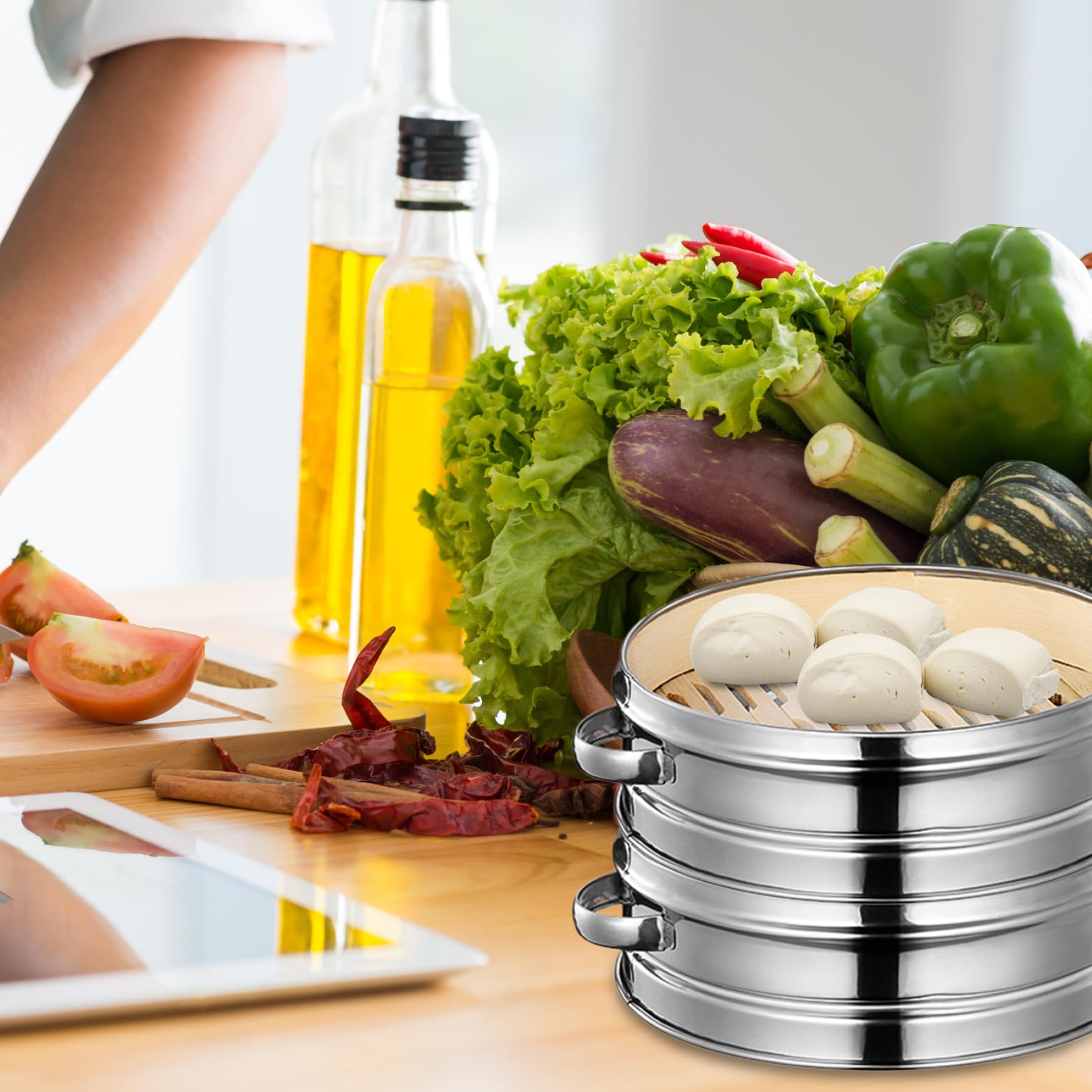 Vaporiera in bambù Cestino in bambù a 2 livelli da 7, 9 pollici con coperchio e manico per gnocchi, dim sum, panini e verdure per la cottura a vapore cucina