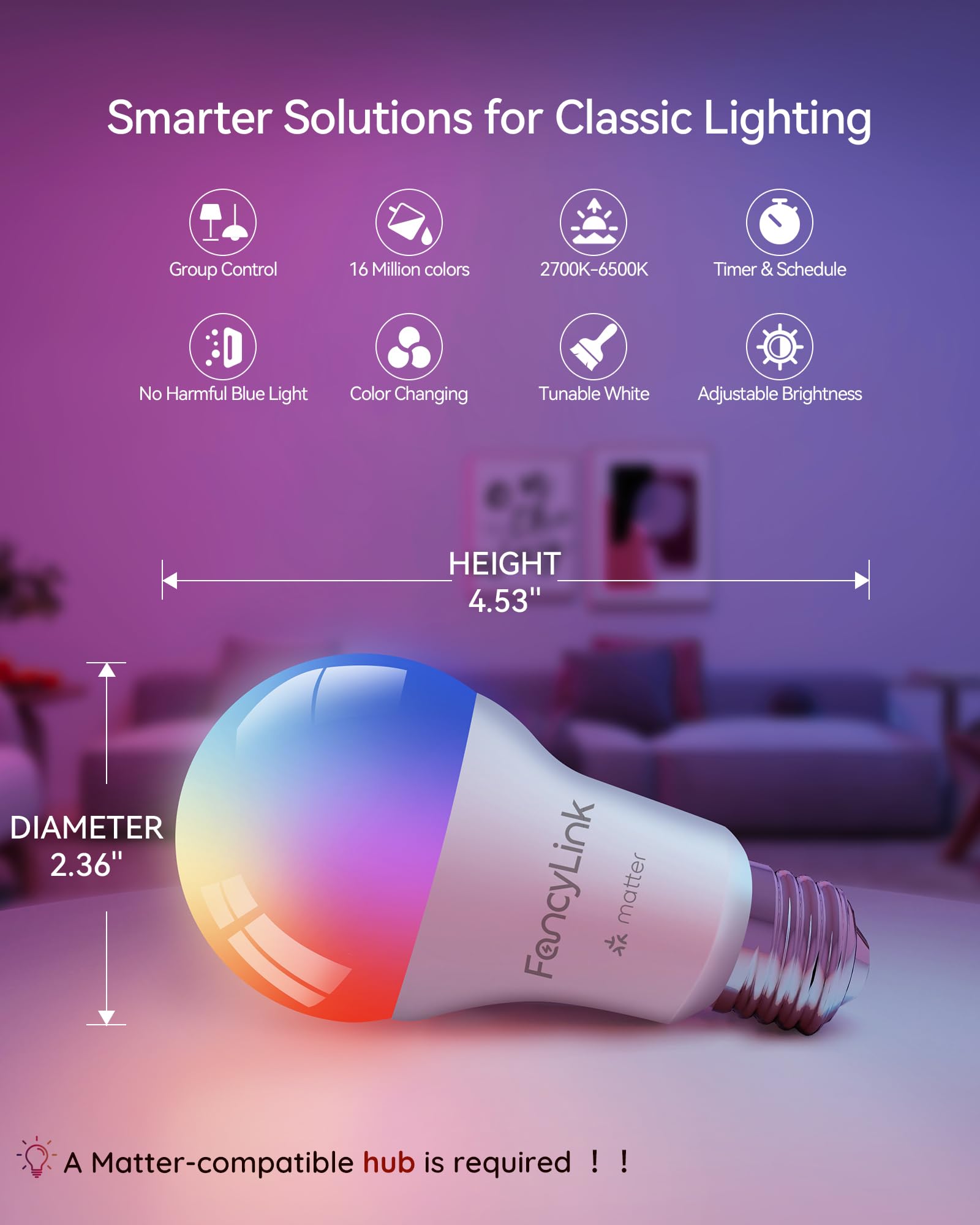 Matter Smart Light Bulbs, Color Changing Light Bulb for Halloween, hub Required,A19 60W,2.4Ghz WiFi only,Compatible with Alexa Google Assistant, Apple Home,16 Million Colors RGBCW,1 Pack