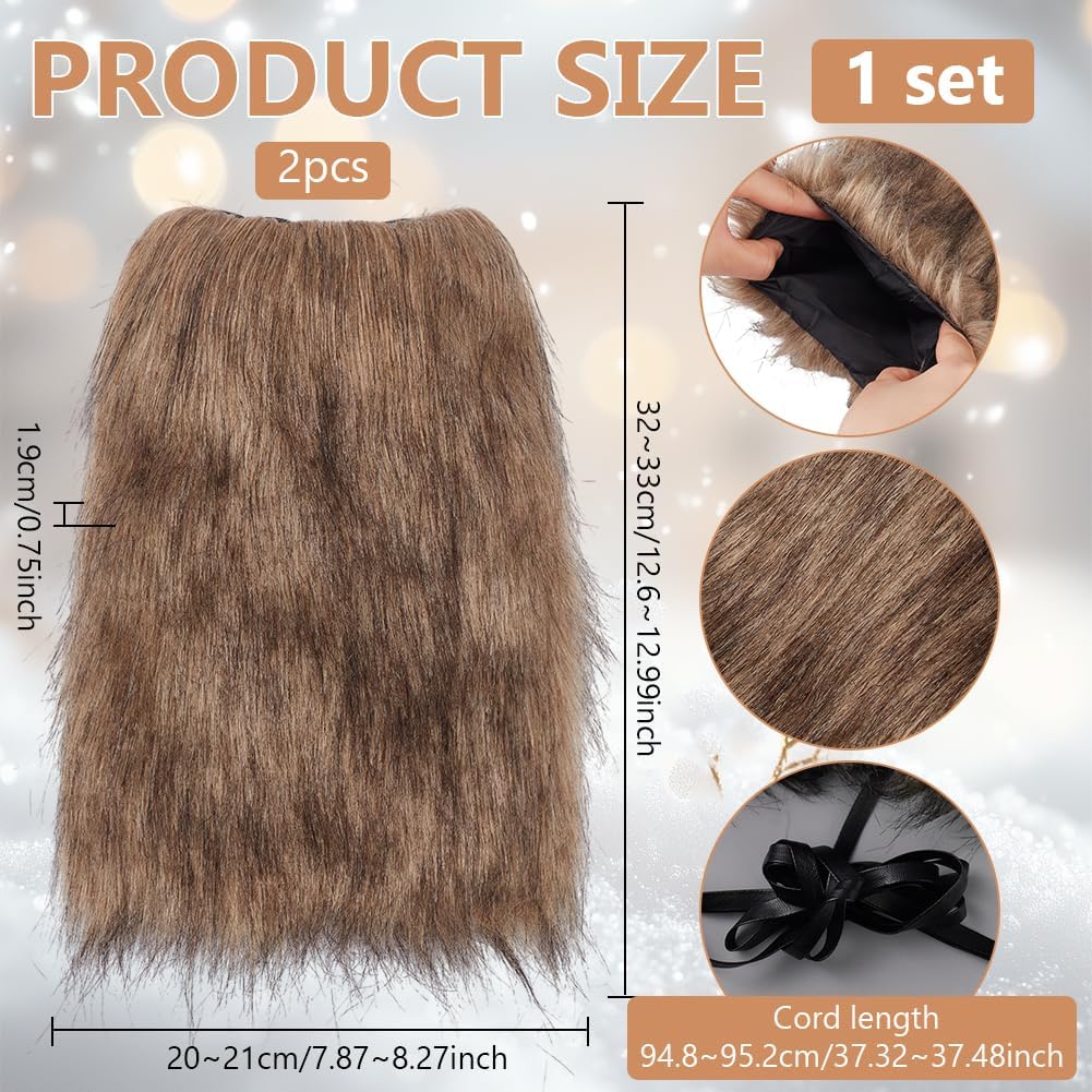 BENECREAT 2Pcs Viking Fur Leg Warmers, Faux Fur Sleeves Boot Covers with Adjustable PU Leather Straps for Role Play and Cultural Performances