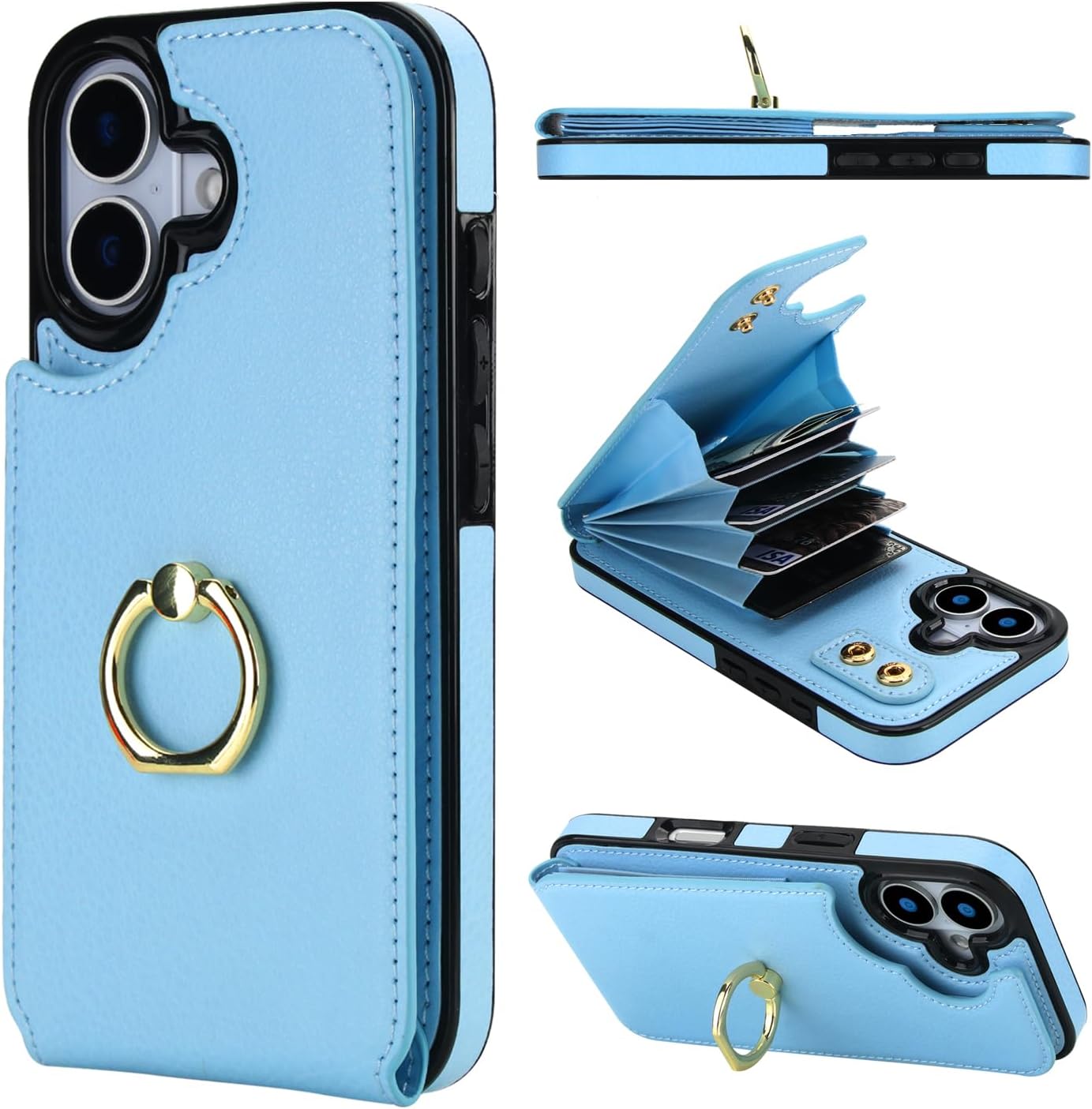 Folosu Compatible with iPhone 17 Case Wallet with Card Holder, 360°Rotation Finger Ring Holder Kickstand, RFID Blocking Leather Protective Double Buttons Shockproof Cover 6.3 Inch Blue