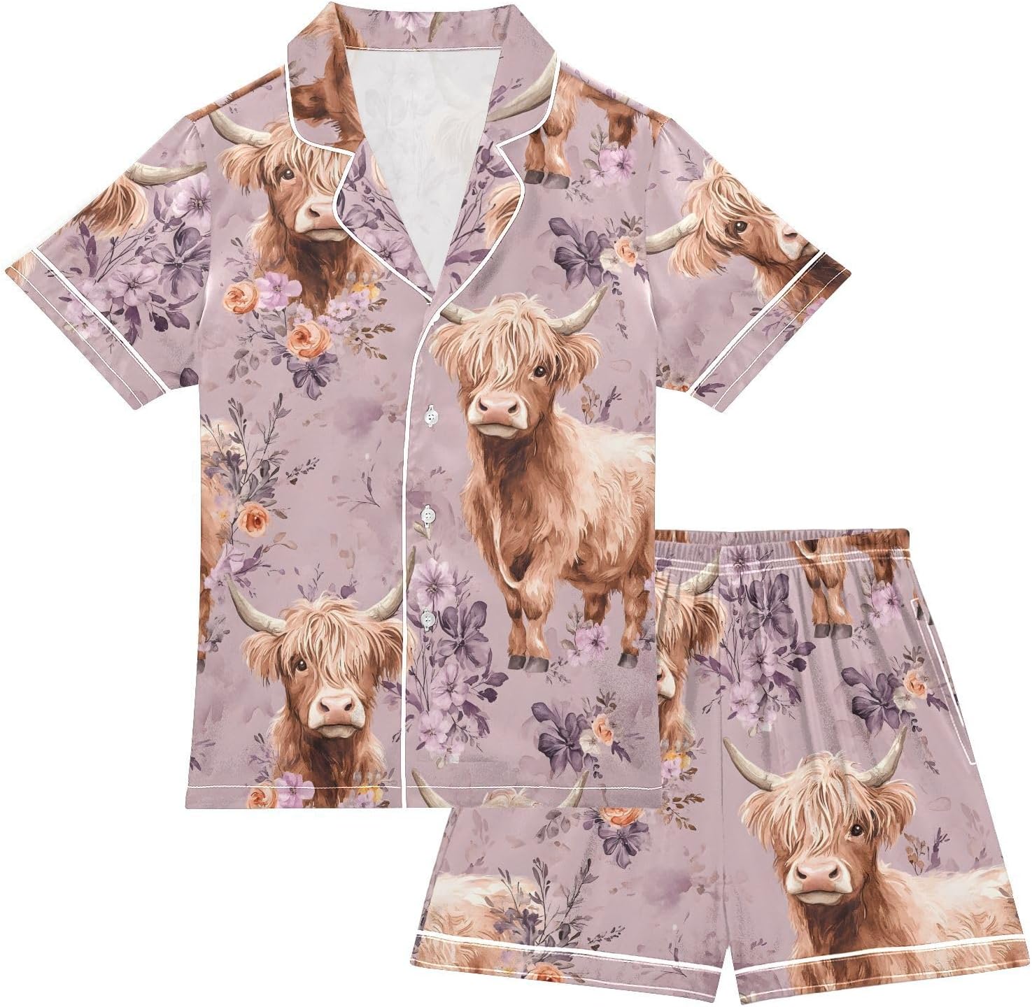 ALAZA Paris Eiffel Tower Blossom Flower Satin Pajamas Set Short Sleeve Button Down Sleepwear Summer Pjs 2 Piece