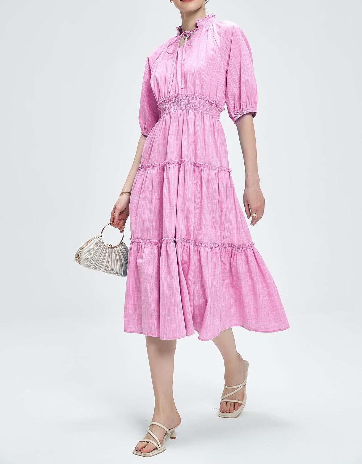 Kedera Womens Short Sleeve Midi Dress 2025 Trendy Maxi Dress with Puff Sleeve Flowy Elegant Casual Long Ruffle Sundress - Image 5