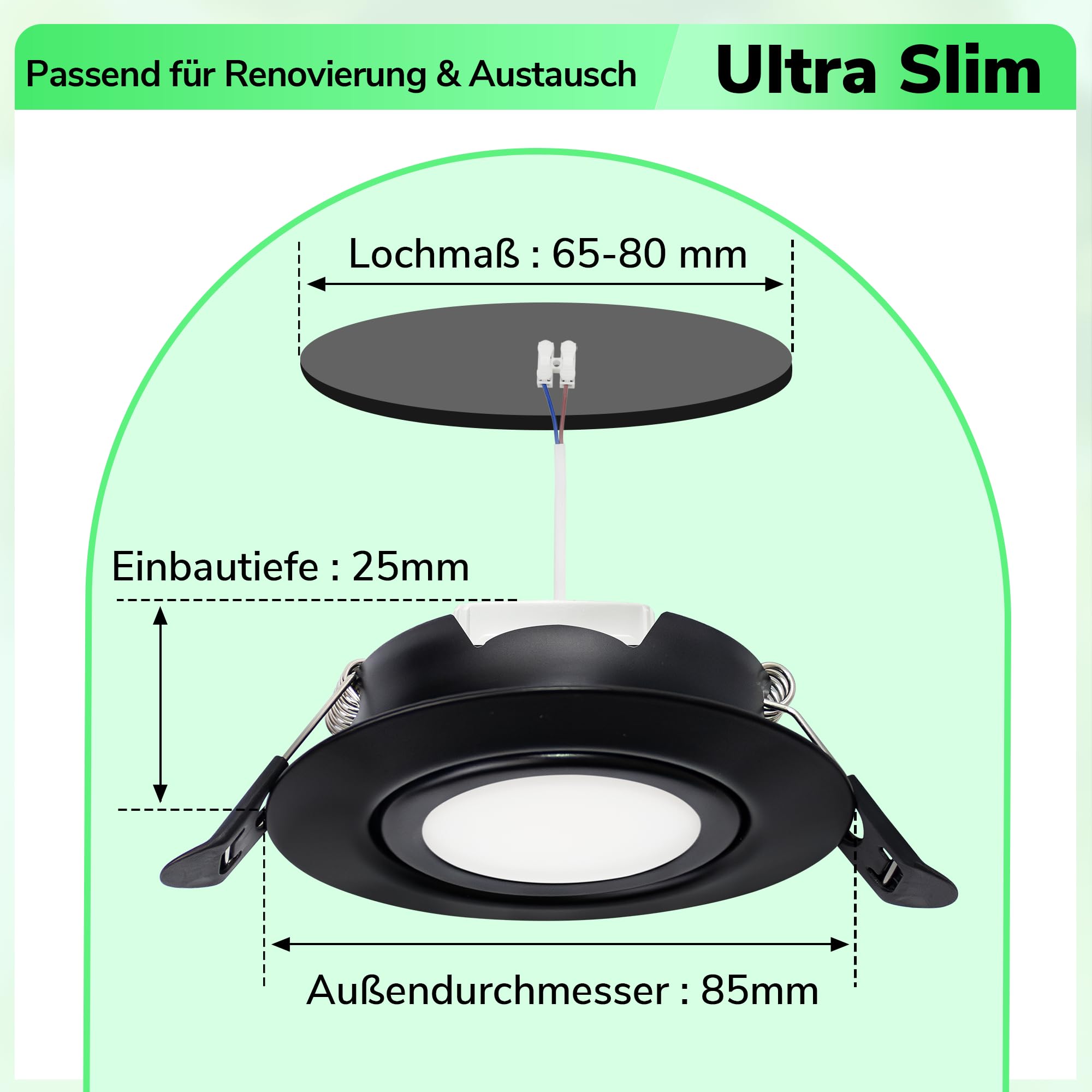 Faretto LED da incasso 230V (dimmerabile a 3 livelli), faretto da soffitto orientabile a 45°, 6W 3CCT (3000K/4000K/6000K), grado di protezione IP44 (per bagno), Ø65–80mm, Confezione da 6