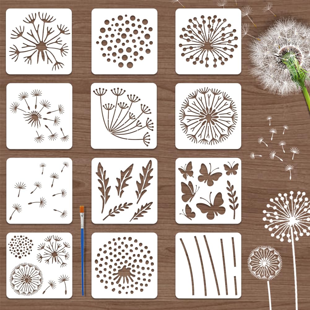 TWINKLEMON 12 Pcs Dandelion Flowers Large Stencils for Painting, 30 * 30cm Botanical Theme Stencils for Crafts Reusable with Brush, Wall Stencil Set for DIY Art Scrapbook Wood Burning Spray Paint โ image 1
