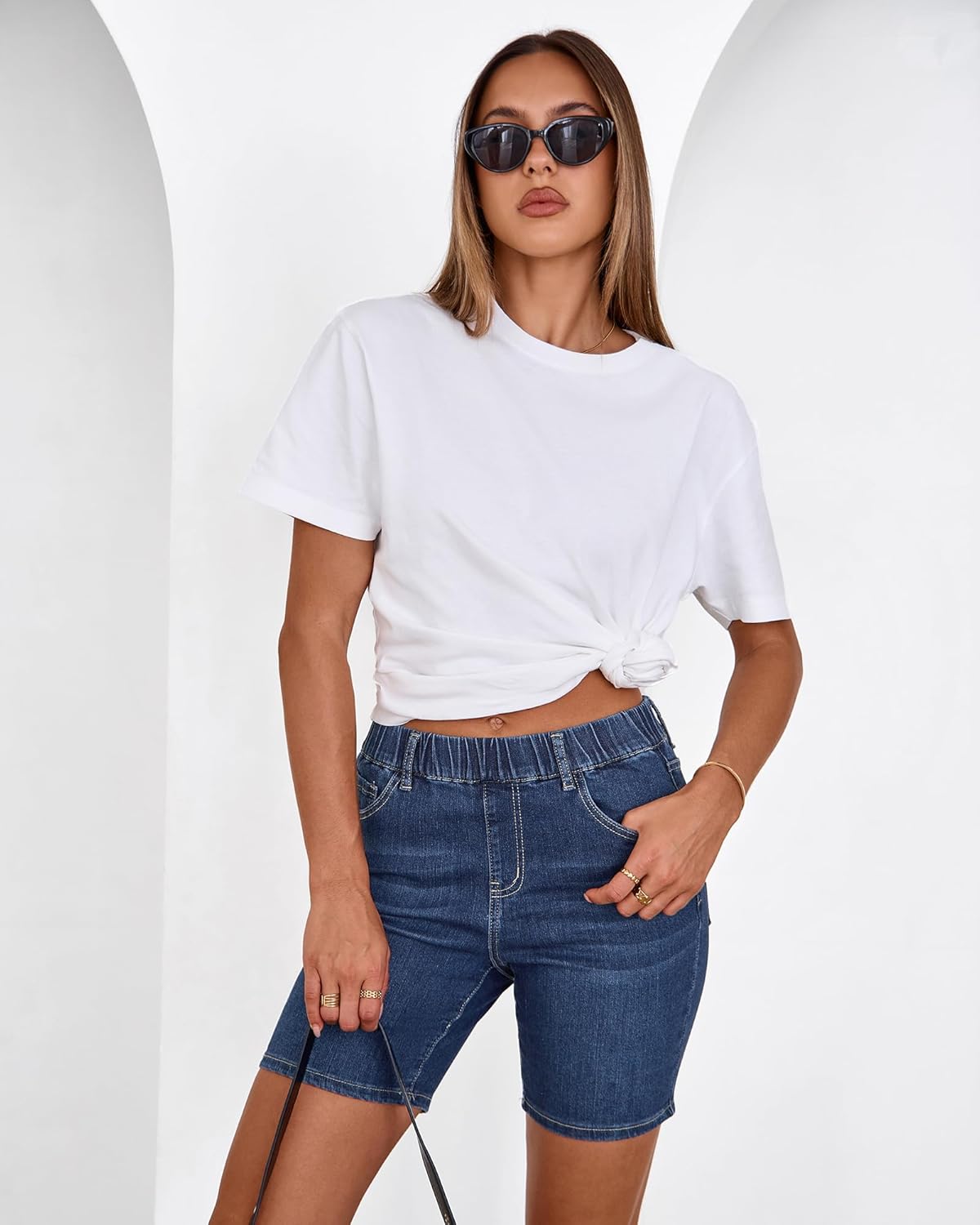 luvamia Jean Shorts for Women Trendy Pull On Mid Rise Elastic Waist Summer Casual Stretchy Long Denim Walking Shorts - Image 3