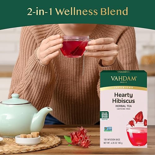 Vista 4 de VAHDAM, Té de hibisco (100 bolsitas de té), sin cafeína, sin OMG, directamente de la fuente, ecológicas envueltas individualmente