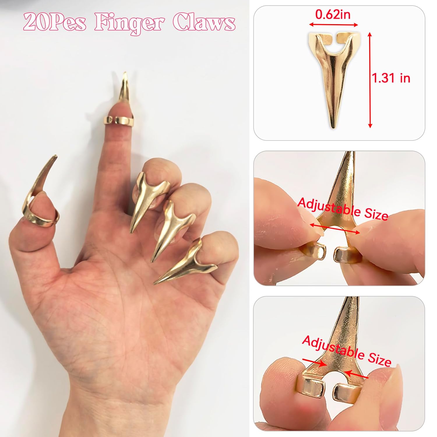 20PCS Golden Finger Claws Rings Full Finger Set, Gothic Punk Rock Metal Talon Nail Armor for Halloween Cosplay, Horror Party Costume Accessories, Vampire Werewolf Fingertip Claws image 2