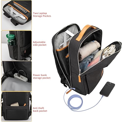 Miniatura 3 de NOBLEMAN Mochila para mujeres y hombres, mochila para laptop de 15.6 pulgadas, mochila de día con mochila de viaje USB, Negro -, Mochila para laptop