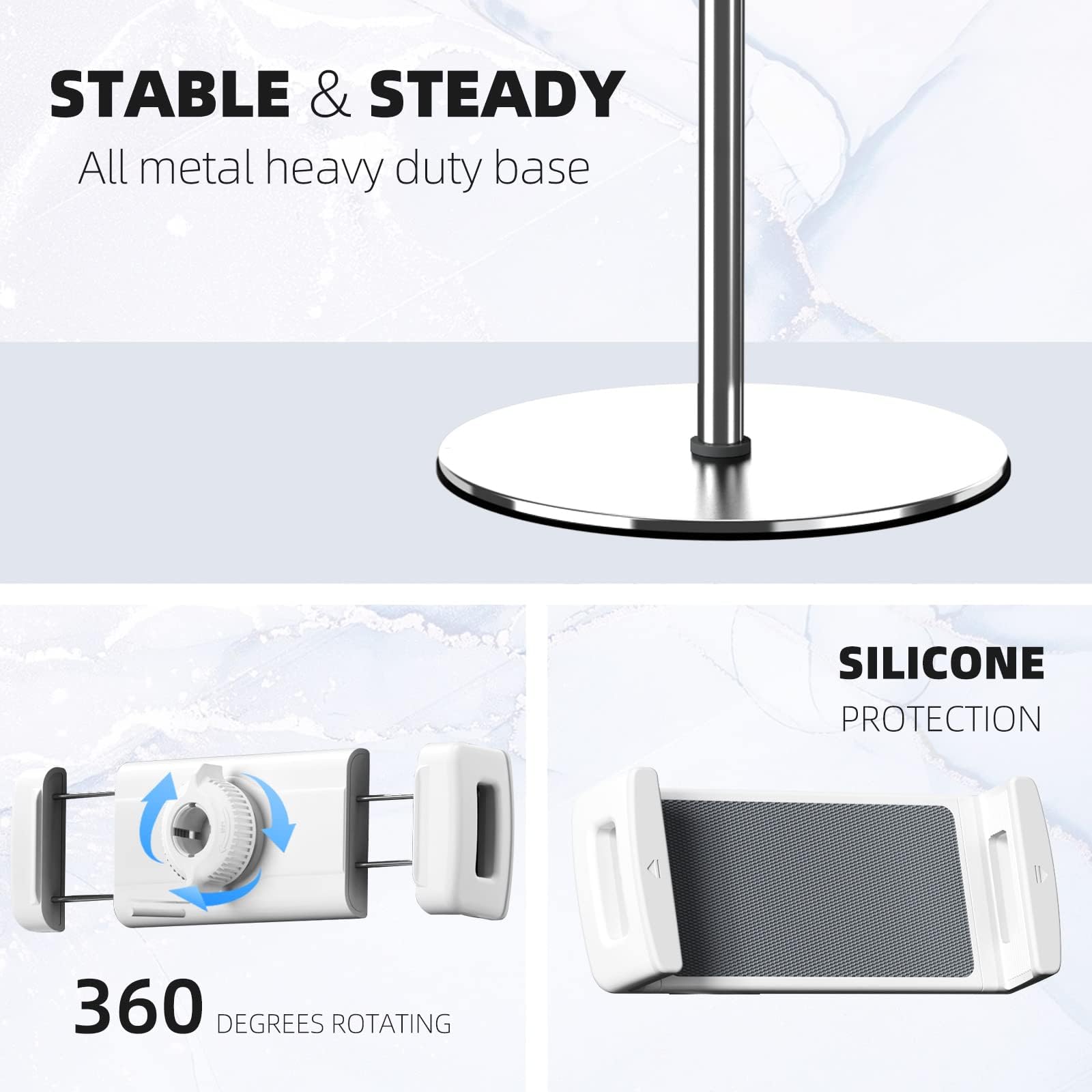 Tablet Floor Stand, Height Adjustable (16.5-66.1 inch), 360 gradi rotante, alluminio lega Cradle Mount Dock for 4.7"-12.9" Screen iPhone Samsung, iPad, Kindle, eBook Reader (bianco)
