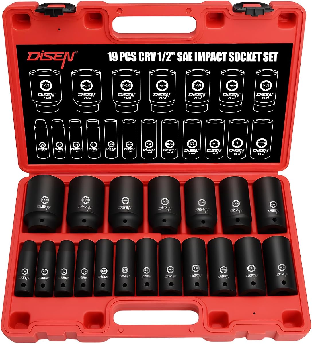 19 Pcs 1/2" SAE Impact Socket Set | Deep Sockets 3/8"- 1-1/2", 6-Point Cr-V & Alloy Steel, 1/2 Inches Drive, Rugged Construction, Enhanced Storage Case