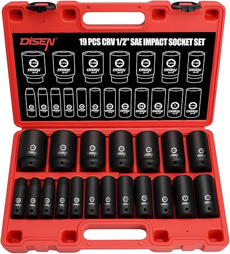 DISEN Juego de llaves de impacto SAE de 19 piezas, 1/2 pulgada, enchufes profundos de 3/8 a 1-1/2 pulgadas, 6 puntos Cr-V y acero aleado, juego de