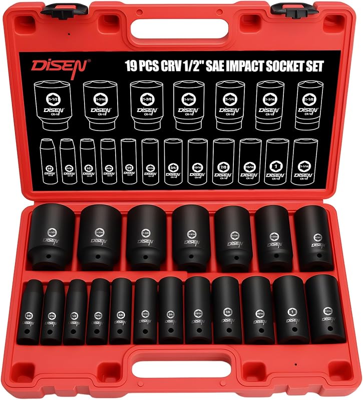 19 Pcs 1/2" SAE Impact Socket Set | Deep Sockets 3/8"- 1-1/2", 6-Point Cr-V & Alloy Steel, 1/2 Inches Drive, Rugged Construction, Enhanced Storage Case