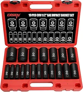DISEN 19Pcs 1/2" SAE Impact Socket Set, Deep Sockets 3/8"- 1-1/2", 6-Point Cr-V & Alloy Steel, 1/2 Inches Drive Impact Socket Set,Rugged Construction, Enhanced Storage Case