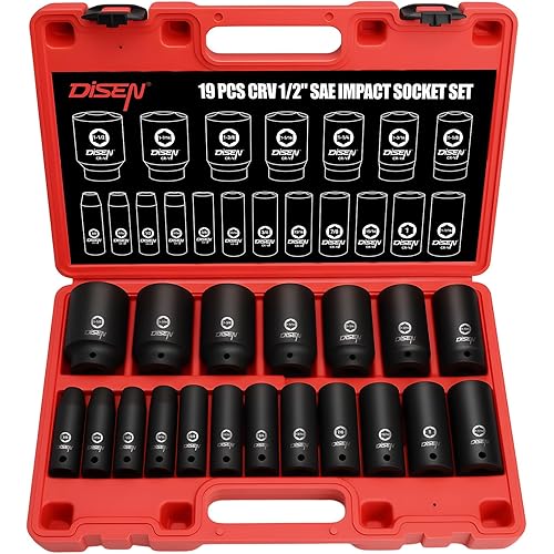 DISEN 19 Pcs 1/2" SAE Impact Socket Set, Deep Sockets 3/8"- 1-1/2", 6-Point Cr-V & Alloy Steel, 1/2 Inches Drive Impact Socket Set,Rugged Construction, Enhanced Storage Case