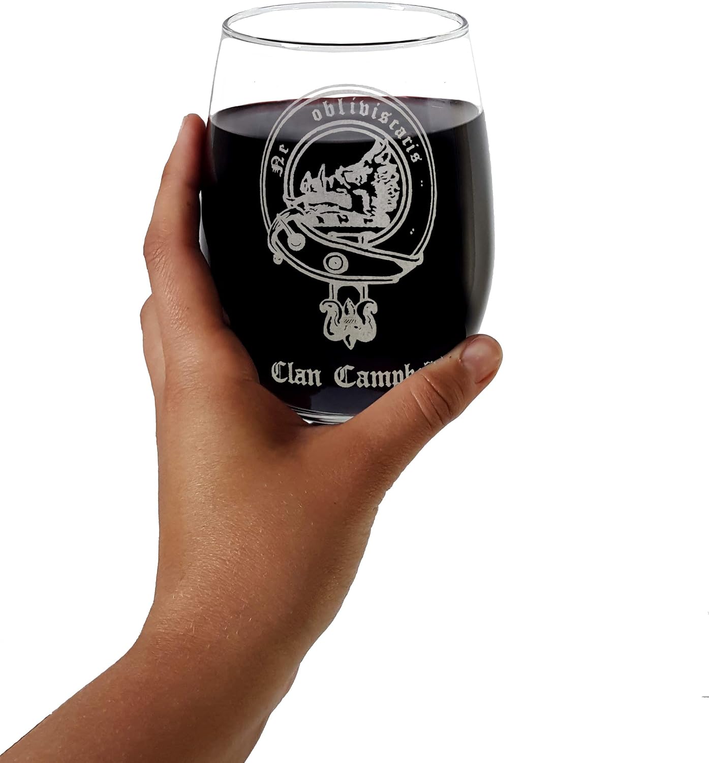 Campbell Scottish Clan Crest Stemless Wine Glass 18 oz – Personalized Heraldic Engraving