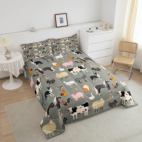 Miniatura 4 de Juego de ropa de cama de animales de granja tamaño individual para niños, relleno de edredón con temática de animales de granja de dibujos animados