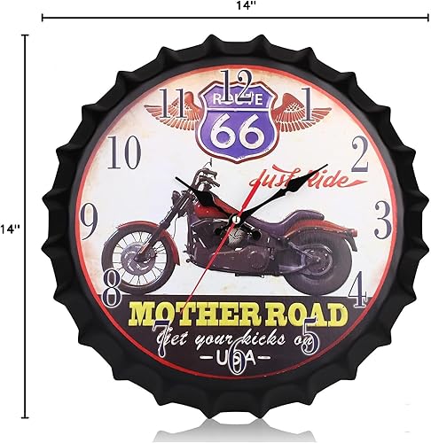 Miniatura 9 de Reloj de pared de metal de 14 pulgadas con tapa de botella y esfera de reloj de motocicleta vintage, movimientos de reloj silenciosos, funciona con