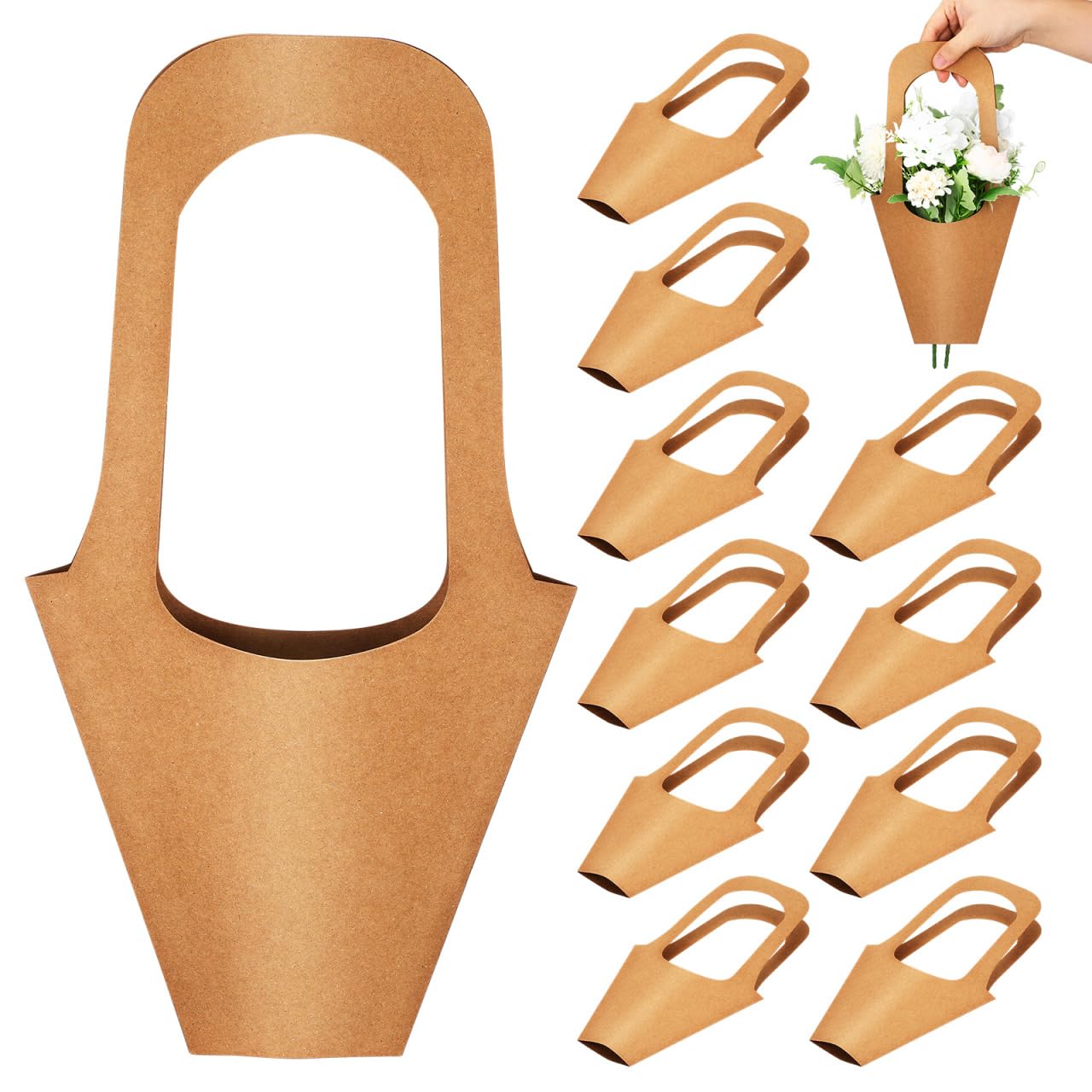 NIYANGLE 20 Pack Kraft Paper Bags with Handle Brown Hanging Bouquet Wrapping Bags for Thanksgiving, Birthday, Wedding & Party Favors