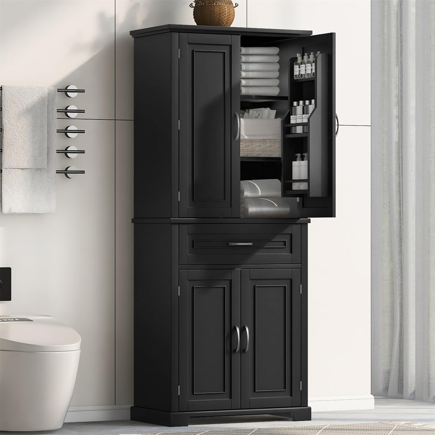 Polibi Bathroom Storage Cabinet with 4 Doors, 3-Tier Door Racks, Storage Drawer, 72″ Free-Standing Tall Linen Cabinet for Bathroom, Living Room, Apartment, Black
