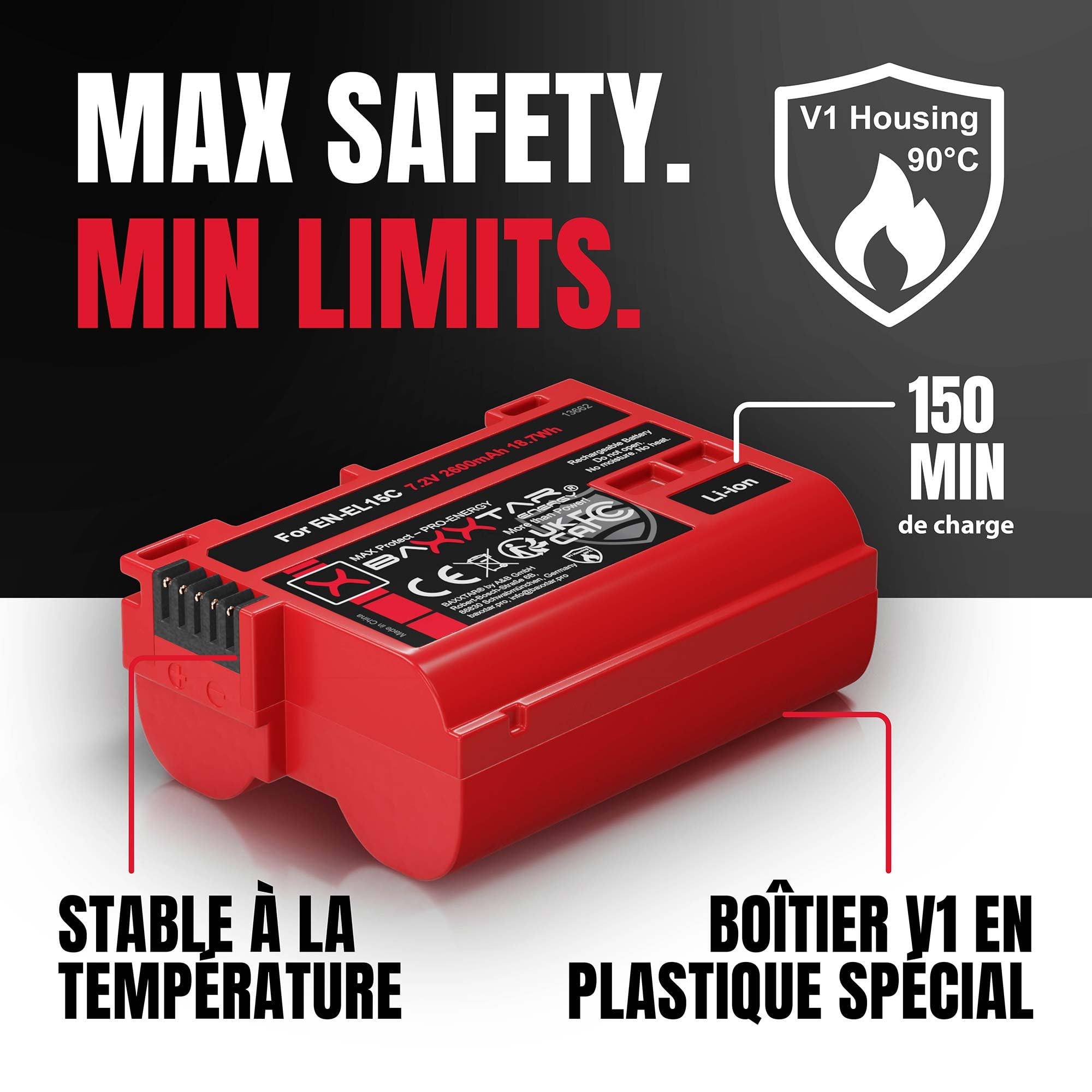 Baxxtar MaxProtect 2X Batterie pour Nikon EN-EL15c EN-EL15b/EL15, 2600mAh
