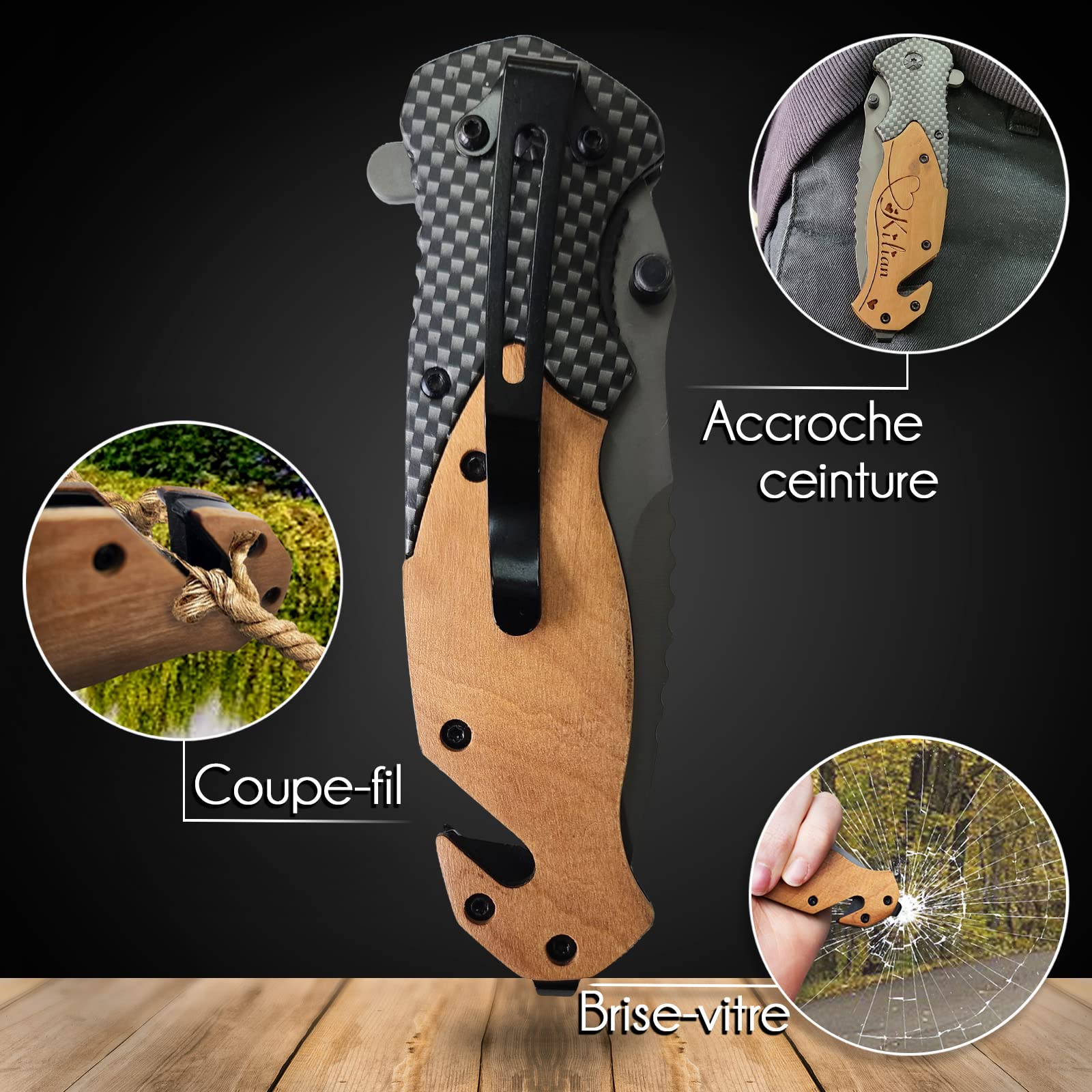 Couteau de survie personnalisé gravé avec prénom - Lame sécurité personnalisable - Manche en bois - Effet carbone - Cadeau Saint-Valentin homme