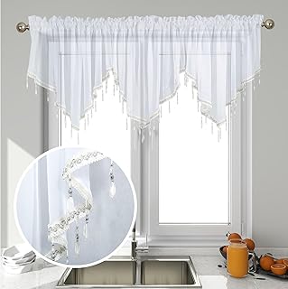 3 Piece Beaded Triangle Sheer Valance Curtains for Windows Kitchen Living Room Bathroom Bedroom Voile Sheer Rod Pocket Short Window Valance Curtains (White,51"x24")